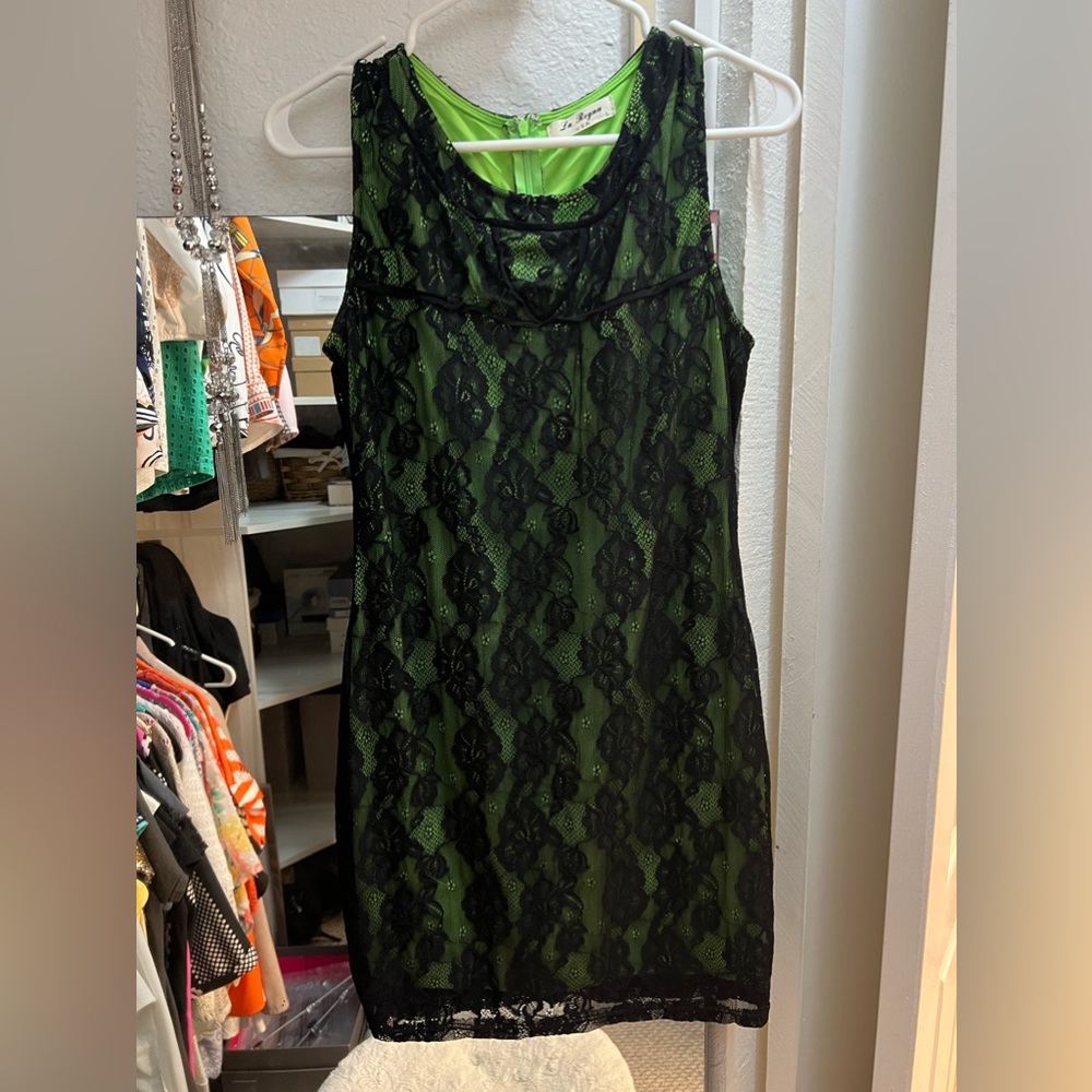 Chartreuse Green Dress with Black Roses Lace - Picture 4 of 5